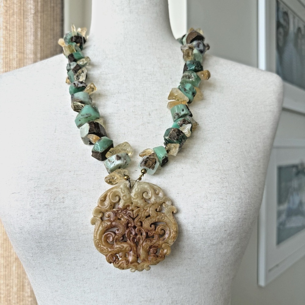 Bohemian Natural‎ Stone Statement Necklace Carved Medallion Talisman 27.5" Heavy